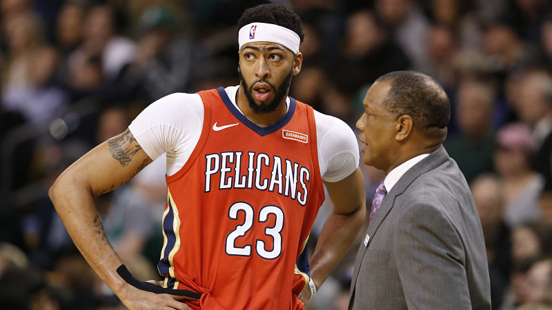 New Orleans Pelicans forward Anthony Davis and head coach Alvin Gentry