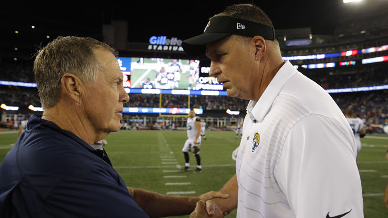 New England Patriots coach Bill Belichick and Jacksonville Jaguars coach Doug Marrone