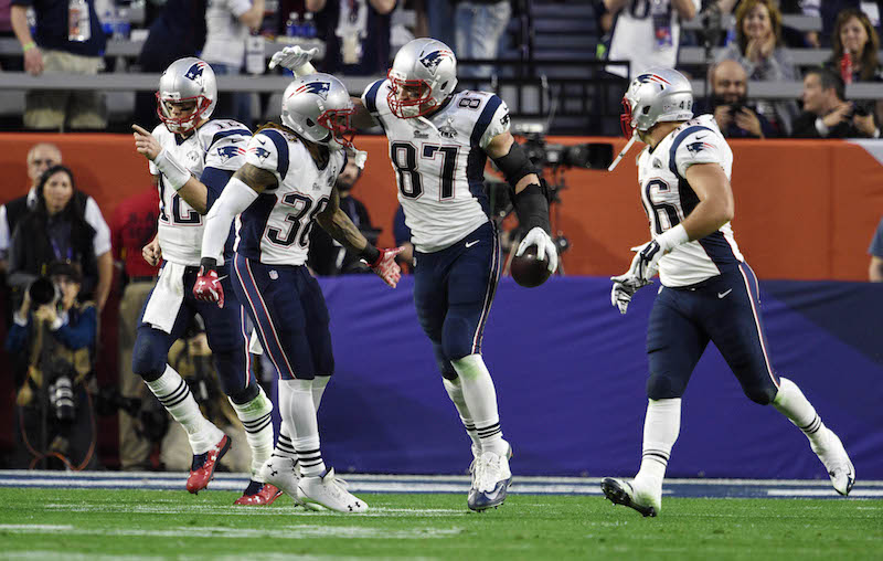 Patriots QB Tom Brady, RB Brandon Bolden, TE Rob Gronkowski, FB James Develin