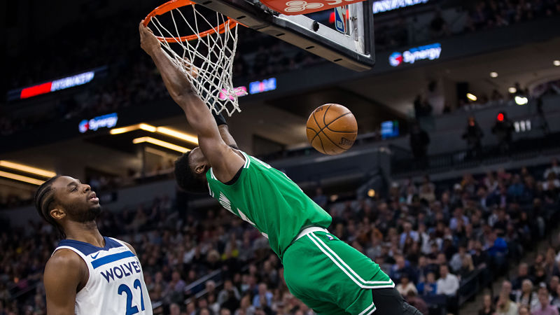 Minnesota Timberwolves forward Andrew Wiggins and Boston Celtics guard Jaylen Brown