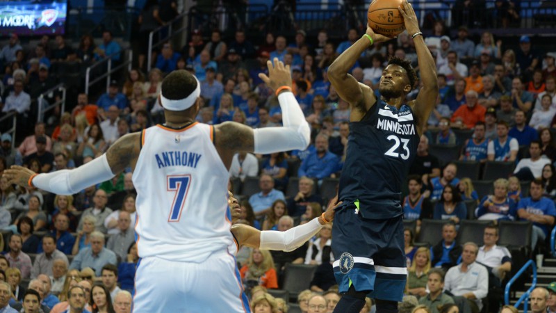 Minnesota Timberwolves forward Jimmy Butler and Oklahoma City Thunder forward Carmelo Anthony