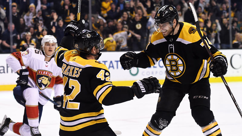 Boston Bruins forward David Backes and Jake DeBrusk