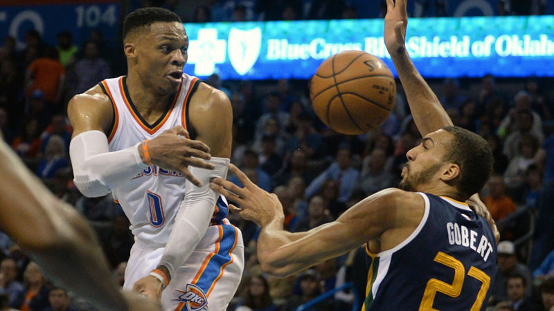 Oklahoma City Thunder guard Russell Westbrook and Utah Jazz forward Rudy Gobert
