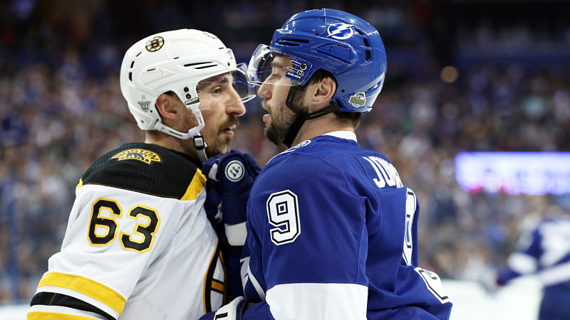 Boston Bruins forward Brad Marchand and Tampa Bay Lightning forward Tyler Johnson