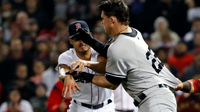 Boston Red Sox pitcher Joe Kelly and New York Yankees first baseman Tyler Austin