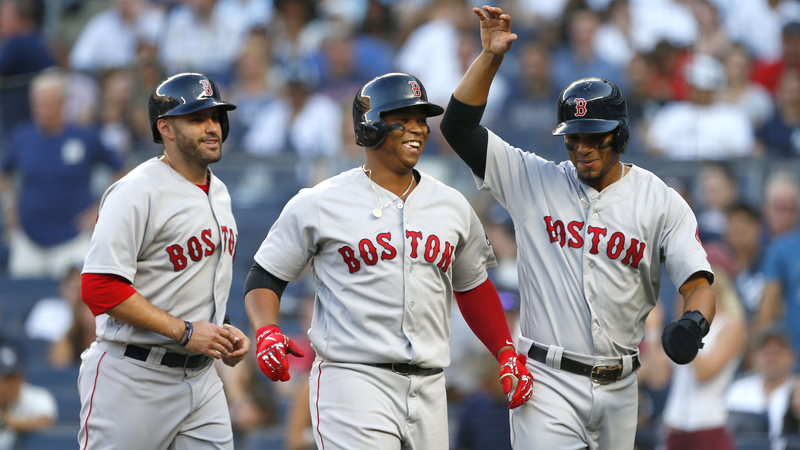 Boston Red Sox's Rafael Devers, Xander Bogaerts, J.D. Martinez