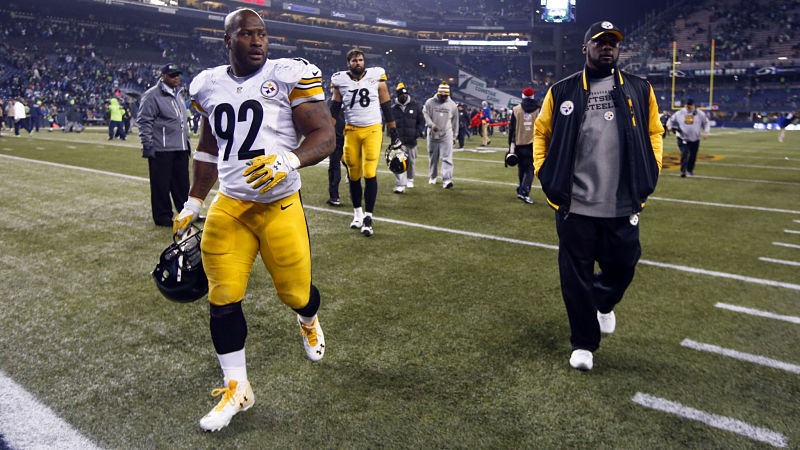 James Harrison and Pittsburgh Steelers coach Mike Tomlin