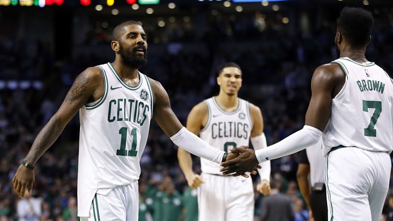 Boston Celtics point guard Kyrie Irving and guard Jaylen Brown