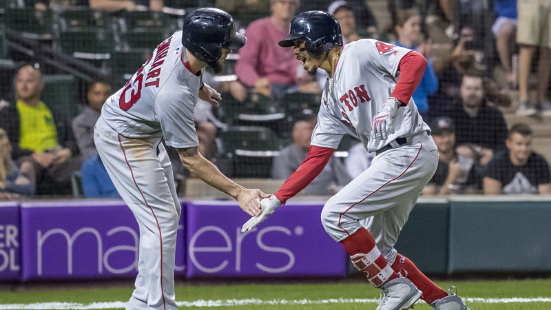 Boston Red Sox catcher Blake Swihart and outfielder Mookie Betts
