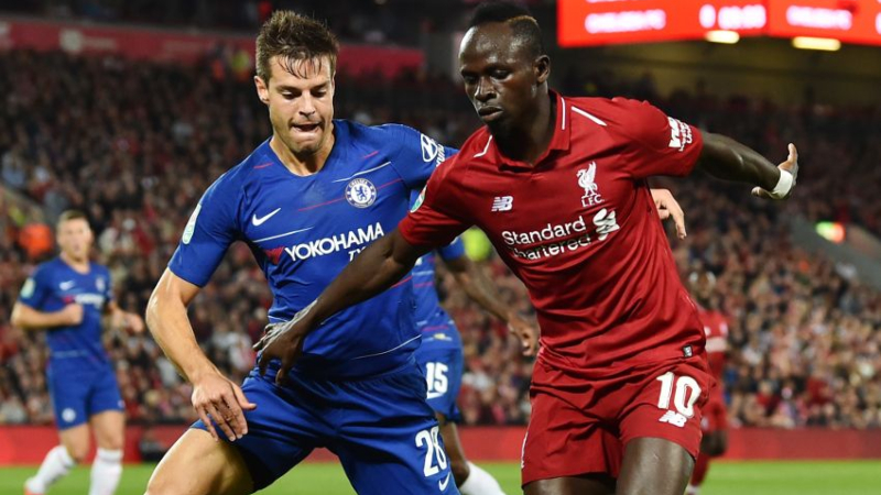 Chelsea's Cesar Azpilicueta (L) and Liverpool's Sadio Mane