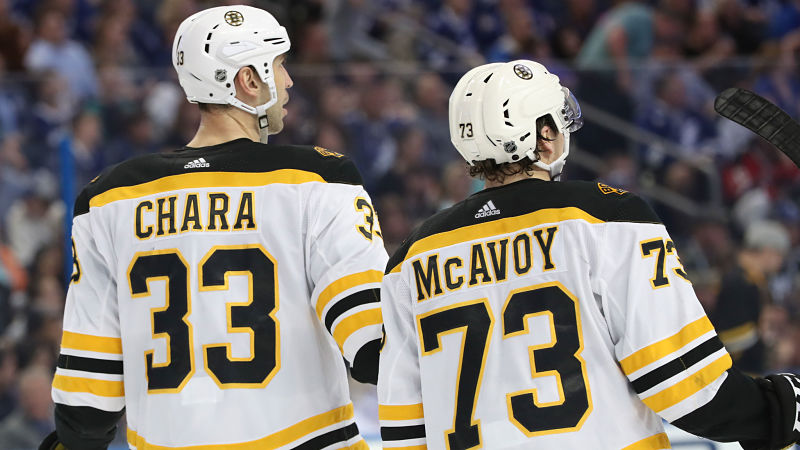 Boston Bruins defensemen Charlie McAvoy and Zdeno Chara