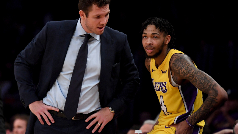 Los Angeles Lakers head coach Luke Walton (L) and forward Brandon Ingram