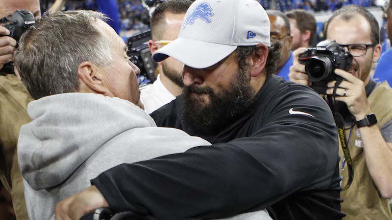 Patriots head coach Bill Belichick, Lions head coach Matt Patricia