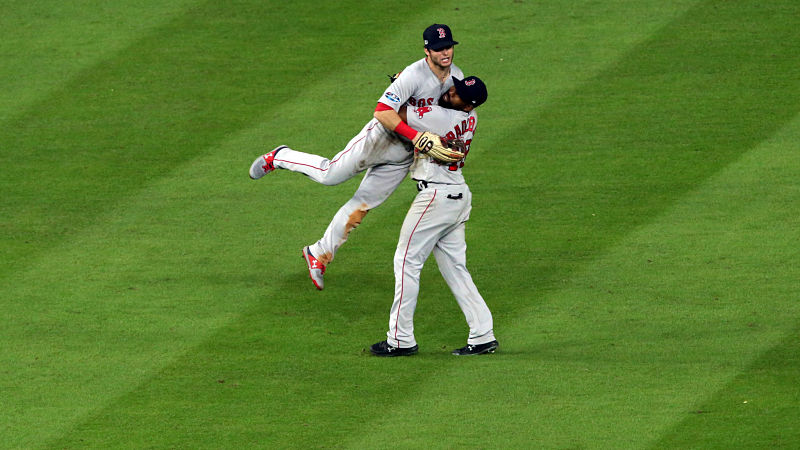 Boston Red Sox outfielders Andrew Benintendi and Jackie Bradley Jr.