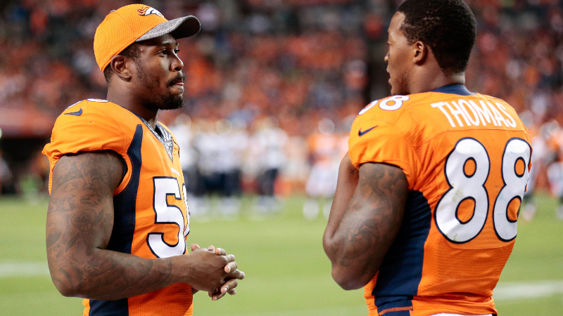 Denver Broncos outside linebacker Von Miller (58) and wide receiver Demaryius Thomas (88)
