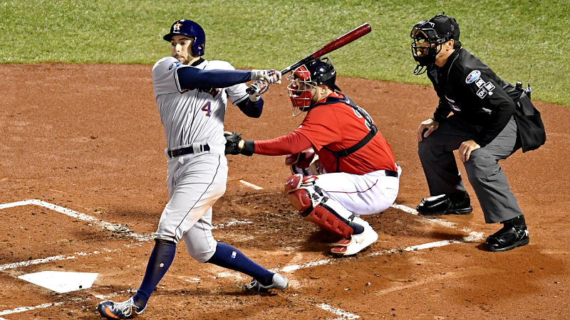 Houston Astros outfielder George Springer and Boston Red Sox catcher Sandy Leon