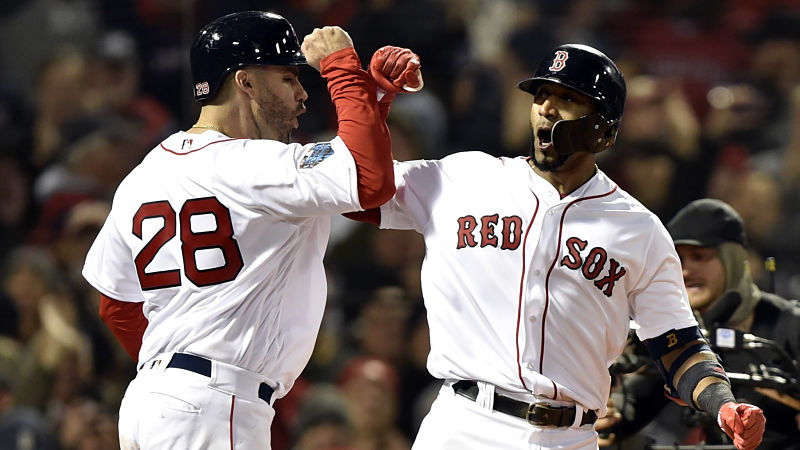 Boston Red Sox designated hitter J.D. Martinez and third baseman Eduardo Nunez