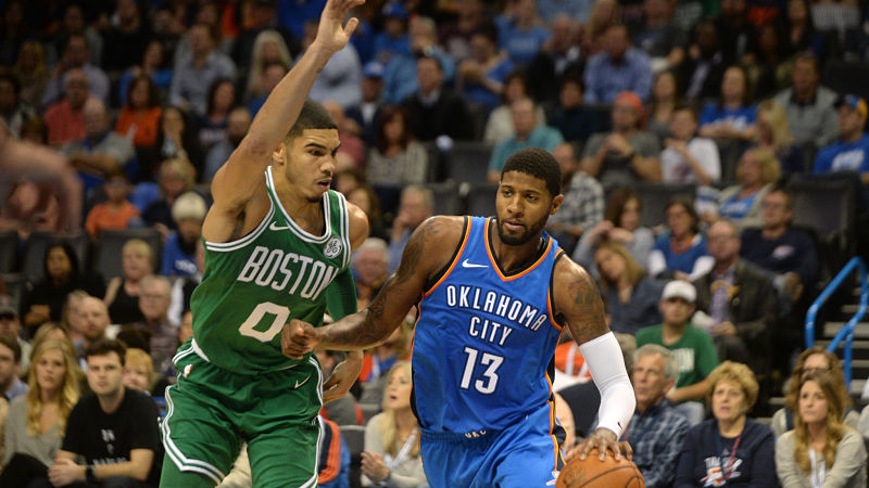 Boston Celtics forward Jayson Tatum and Oklahoma City Thunder forward Paul George