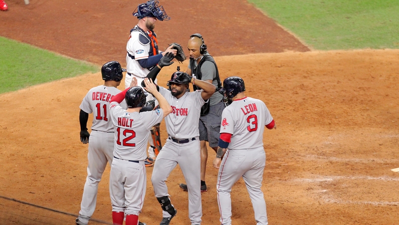 Boston Red Sox's Brock Holt, Sandy Leon, Rafael Devers and Jackie Bradley Jr.