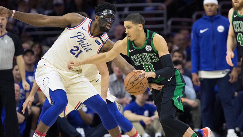 Philadelphia 76ers forward Joel Embiid and Boston Celtics forward Jayson Tatum