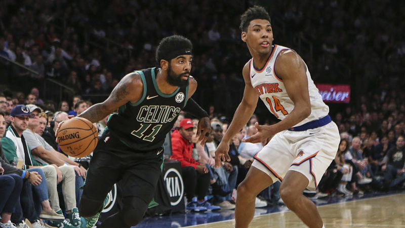 Boston Celtics guard Kyrie Irving and New York Knicks guard Allonzo Trier