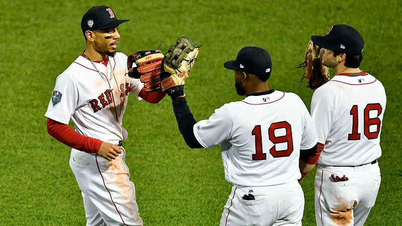 Boston Red Sox outfielders Mookie Betts, Andrew Benintendi and Jackie Bradley Jr.