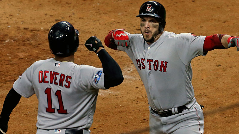Boston Red Sox infielders Rafael Devers and Steve Pearce