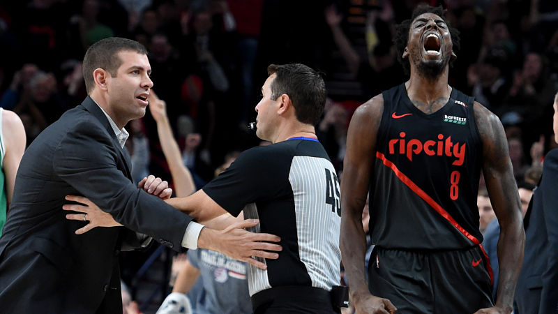 Boston Celtics coach Brad Stevens and Portland Trail Blazers forward Al-Farouq Aminu