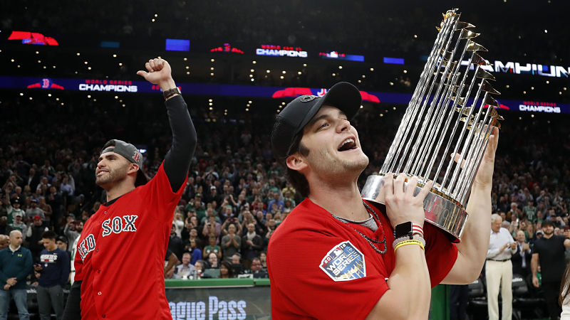 Boston Red Sox designated hitter J.D. Martinez and outfielder Andrew Benintendi