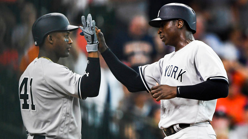 New York Yankees third baseman Miguel Andujar and shortstop Didi Gregorius