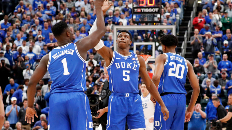 Duke forward Zion Williamson (1) and guard RJ Barrett