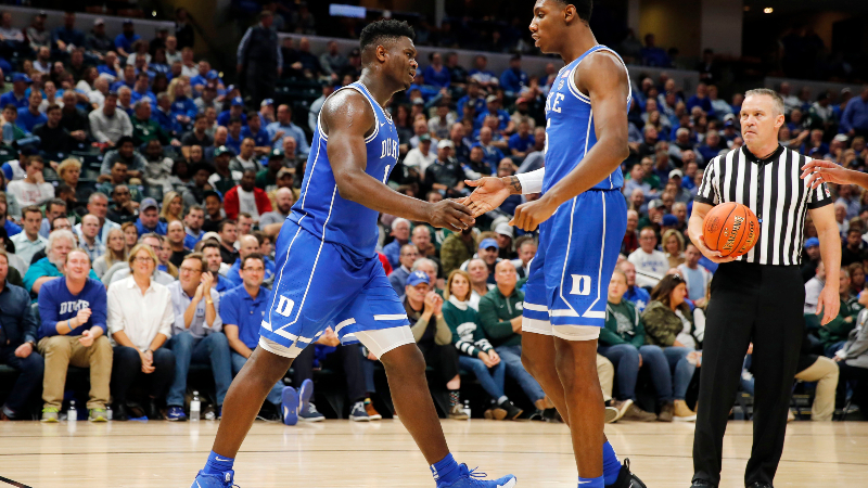 Duke Blue Devils forward Zion Williamson (left) and guard RJ Barrett