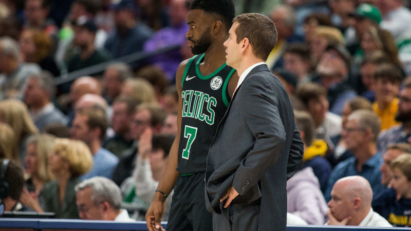 coach Brad Stevens and guard Jaylen Brown (7)