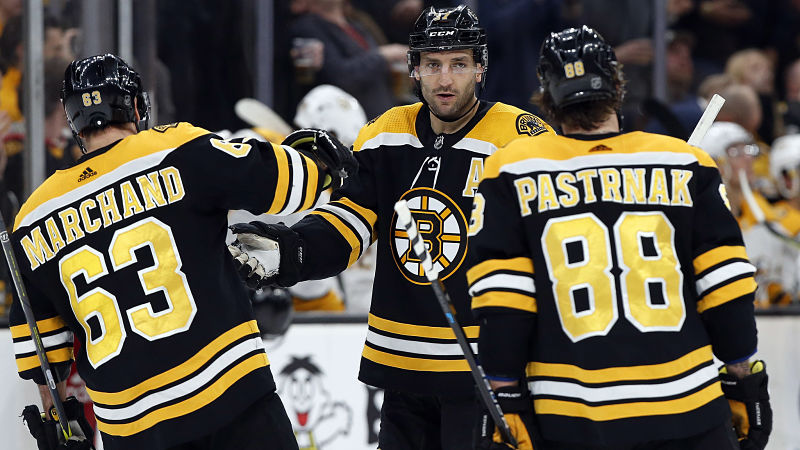 Boston Bruins forward Brad Marchand, Patrice Bergeron and David Pastrnak