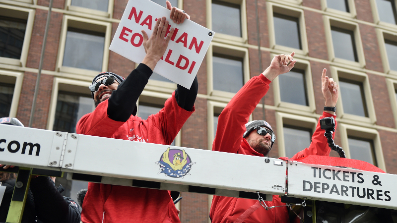 Boston Red Sox pitchers David Price (left) and Nathan Eovaldi
