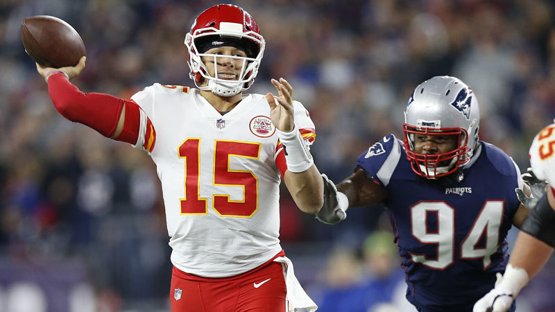 Kansas City Chiefs quarterback Patrick Mahomes and New England Patriots defensive lineman Adrian Clayborn