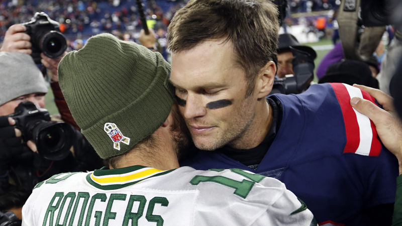 New England Patriots quarterback Tom Brady and Green Bay Packers quarterback Aaron Rodgers