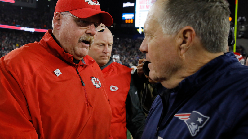 Kansas City Chiefs head coach Andy Reid (left) and New England Patriots head coach Bill Belichick
