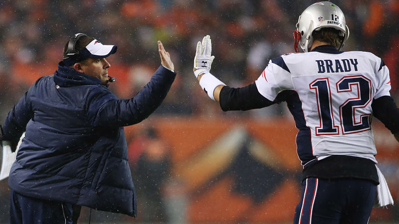 New England Patriots offensive coordinator Josh McDaniels and quarterback Tom Brady