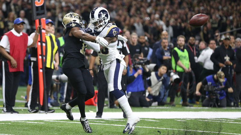 Los Angeles Rams defensive back Nickell Robey-Coleman (23) and New Orleans Saints wide receiver Tommylee Lewis (11)