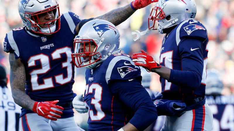 New England Patriots safety Patrick Chung, linebacker Kyle Van Noy and cornerback J.C. Jackson