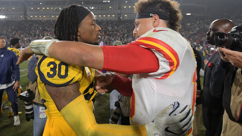 Los Angeles Rams running back Todd Gurley (30) and Kansas City Chiefs quarterback Patrick Mahomes (15)