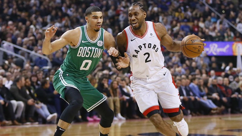 Boston Celtics forward Jayson Tatum and Toronto Raptors forward Kawhi Leonard