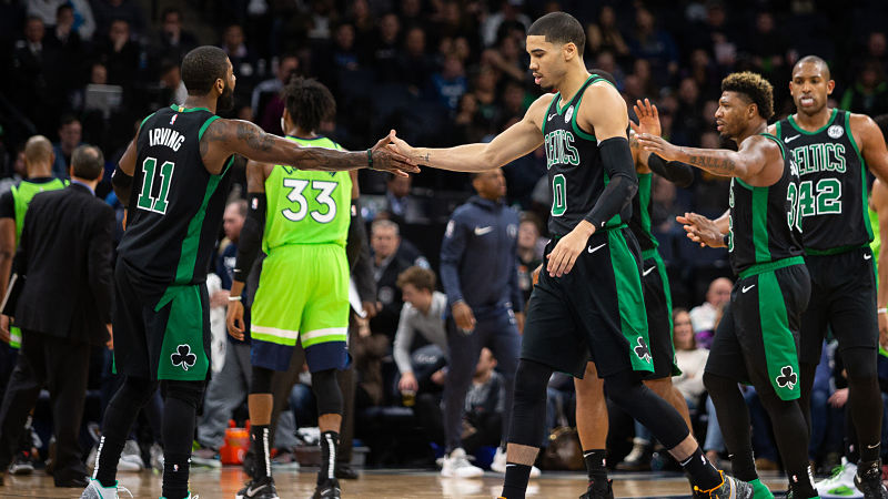 Boston Celtics guard Kyrie Irving and forward Jayson Tatum