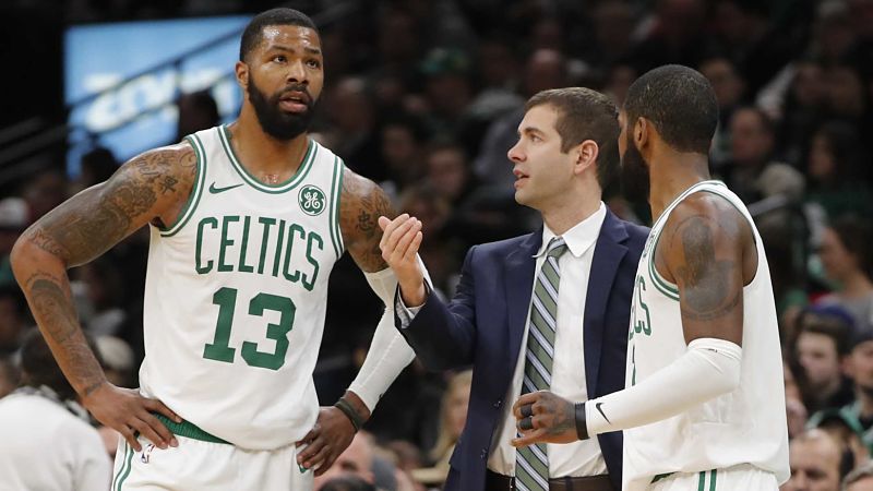 Boston Celtics forward Marcus Morris and head coach Brad Stevens