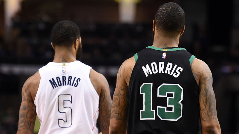 Oklahoma City Thunder forward Markieff Morris and Boston Celtics forward Marcus Morris