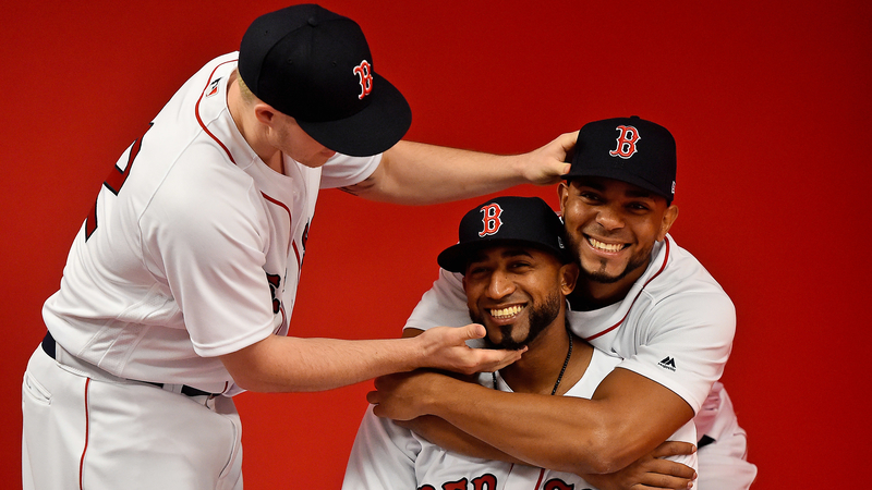 Boston Red Sox's Brock Holt, Eduardo Nunez and Xander Bogaerts