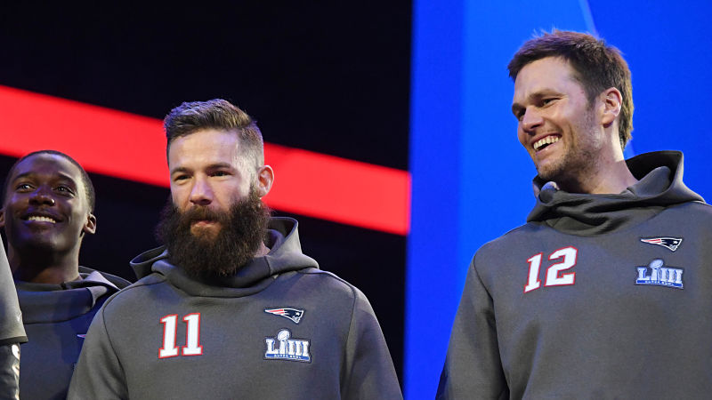 New England Patriots wide receiver Julian Edelman and quarterback Tom Brady