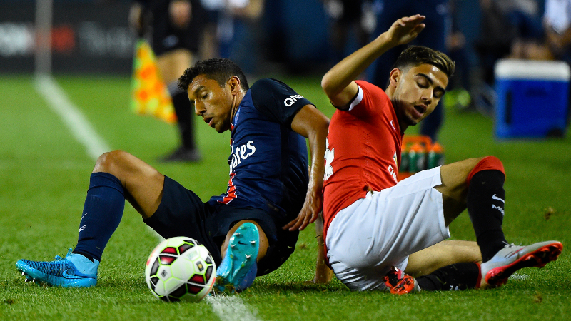 Paris Saint-Germain defender Marquinhos (left) and Manchester United midfielder Andreas Pereira