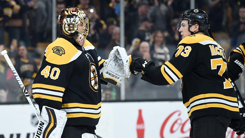 Boston Bruins goalie Tuukka Rask, defenseman Charlie McAvoy